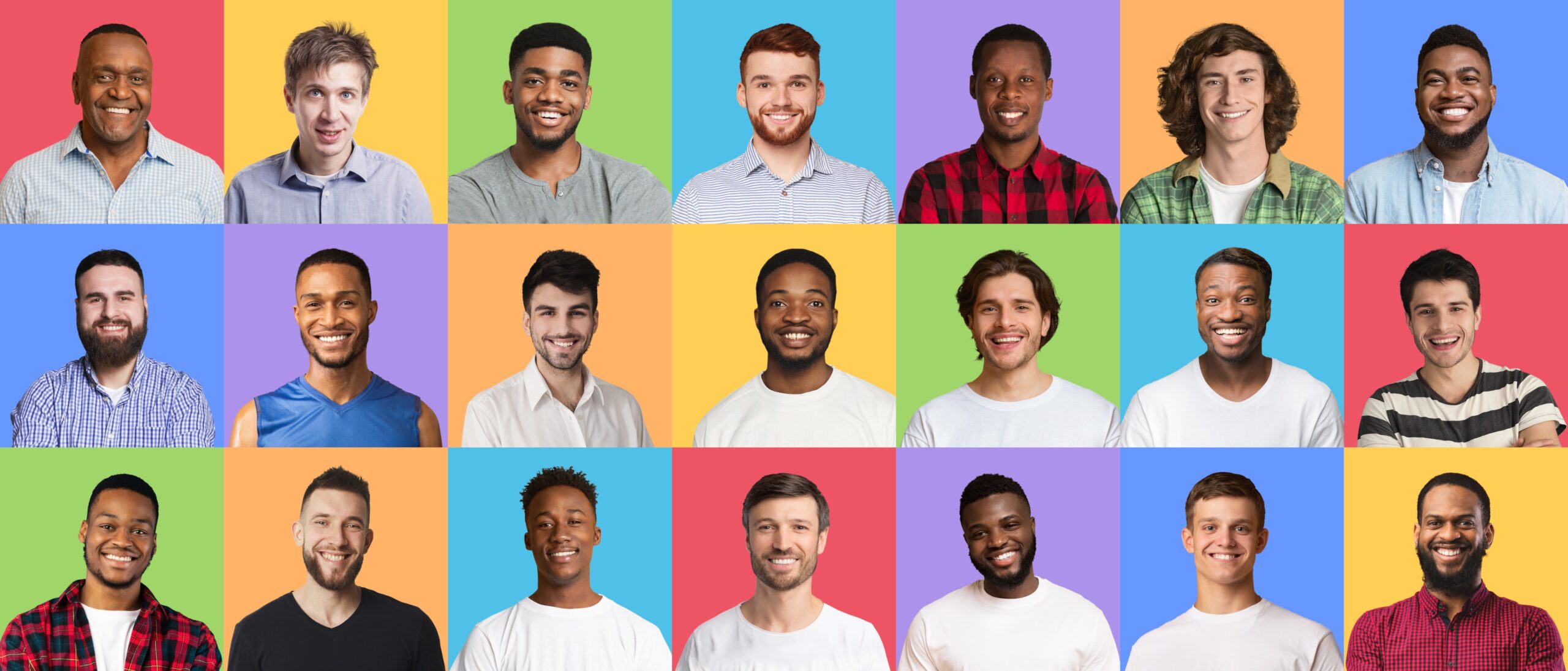 Diverse group of gay men participating in online group therapy through a video call.