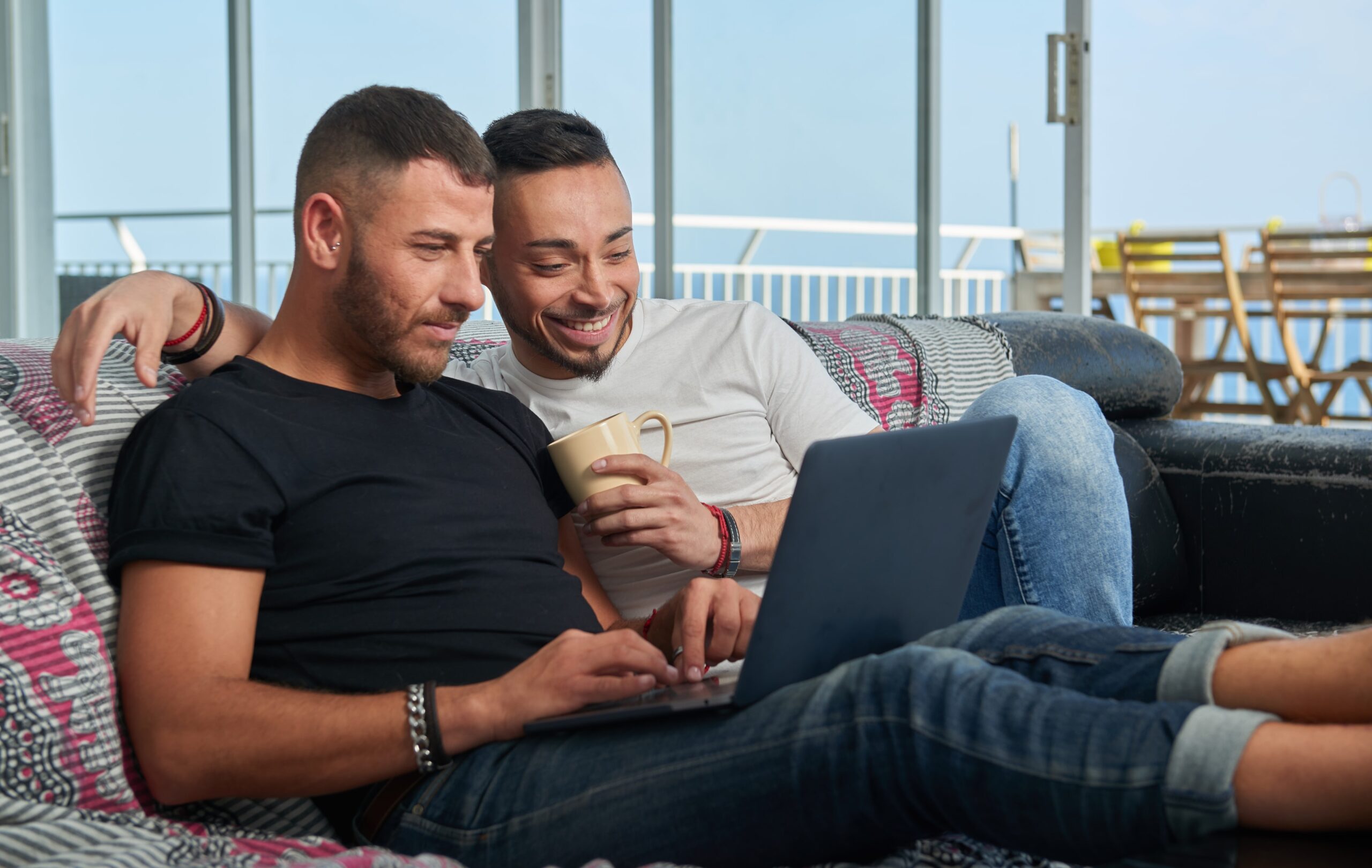 Image of a gay couple in NYC during an online gay couples therapy session with Gay Couples Therapy.