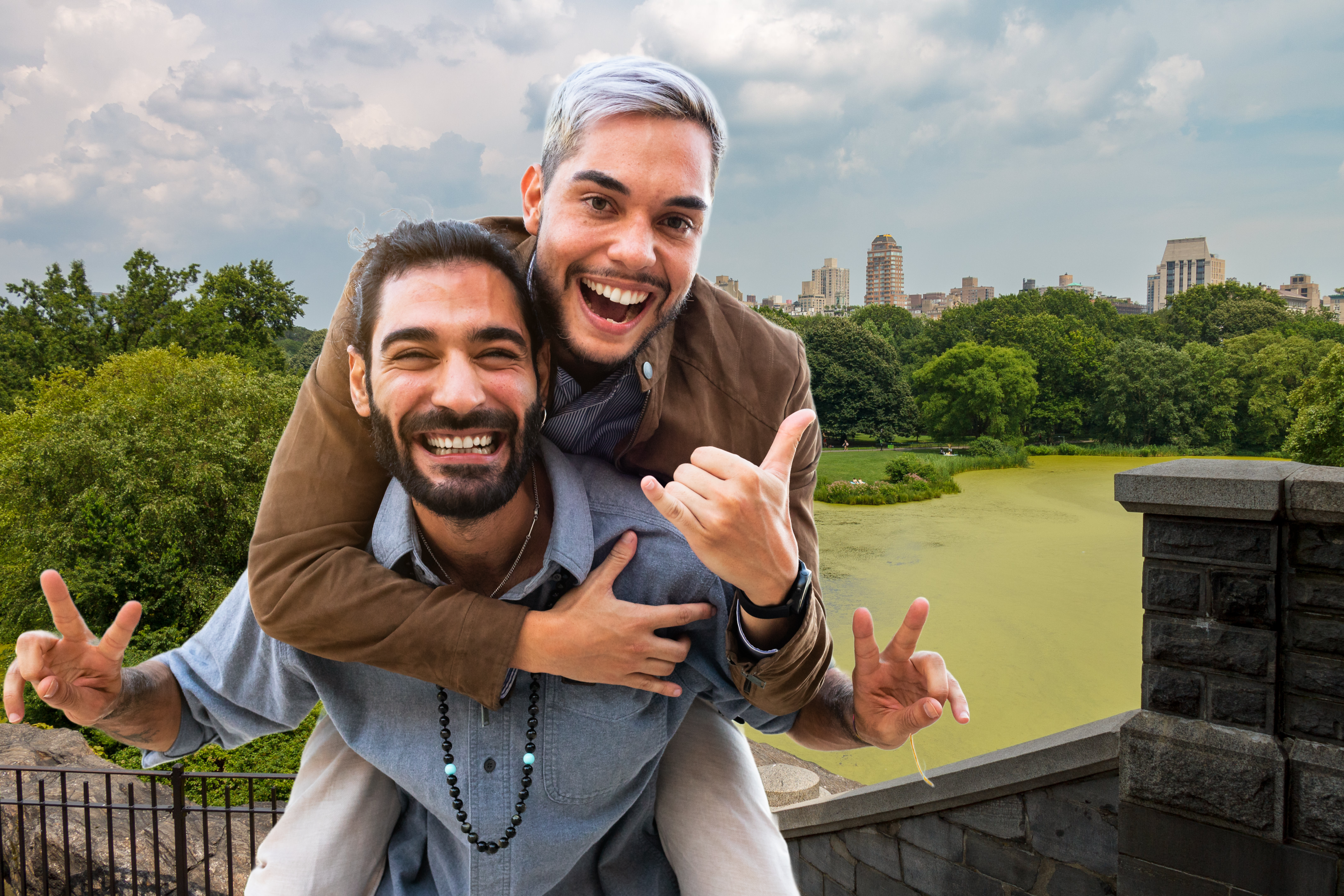 An image of a gay couple in NYC at Central Park, happy and satisfied after their online gay couples therapy session.