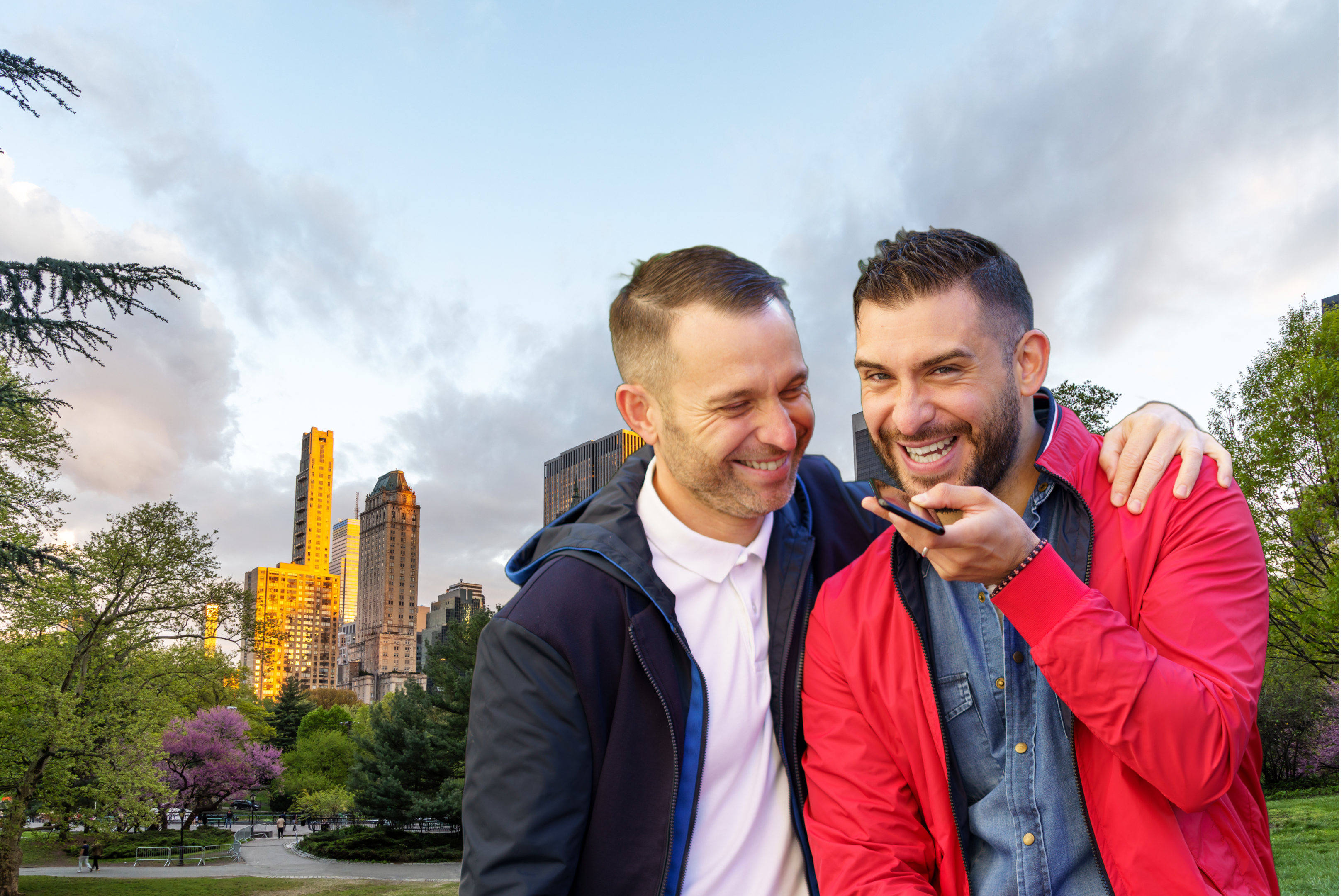 A gay couple after a counseling session, discussing their relationship challenges in Central Park.