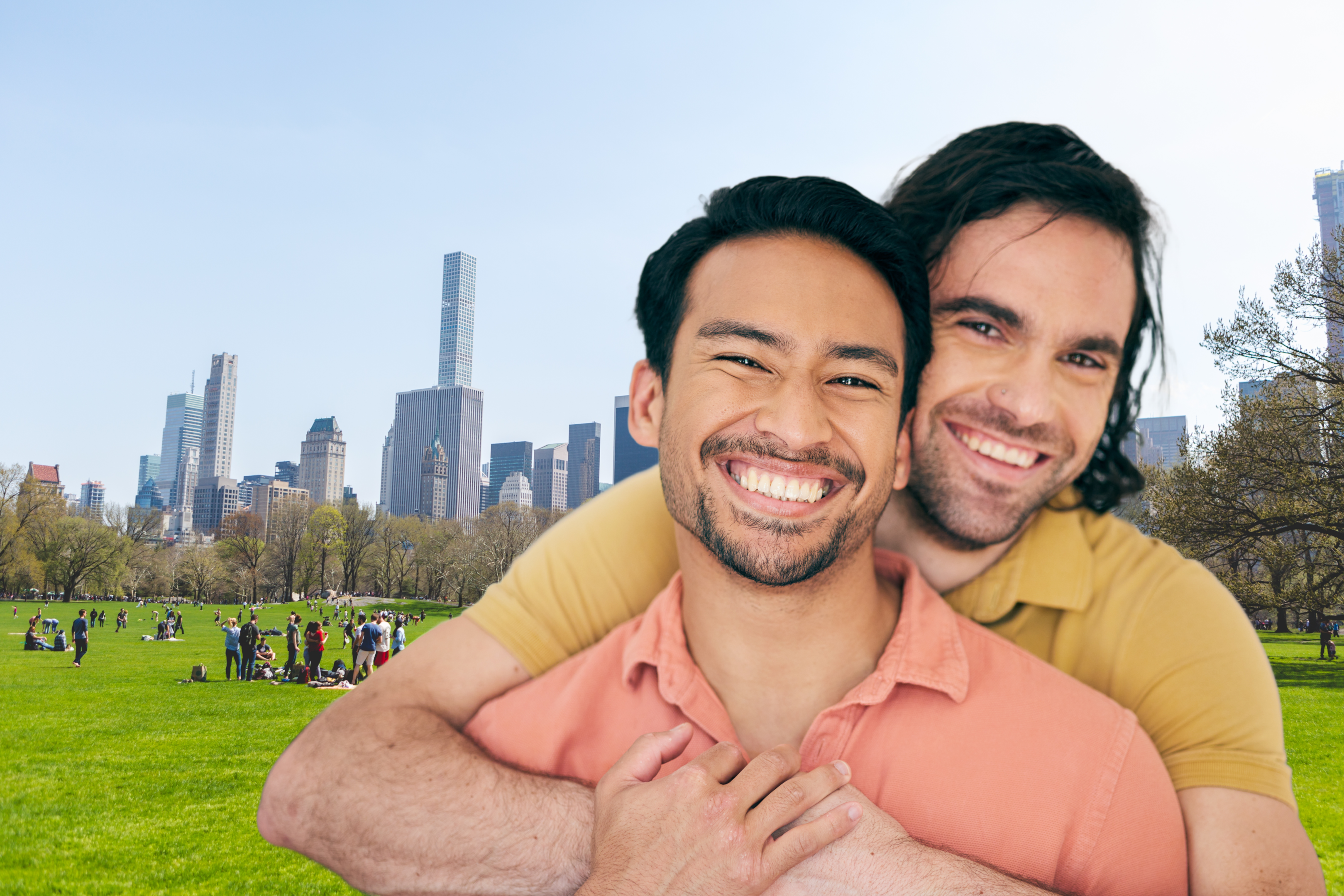 A therapist conducting a session with a happy gay couple, focusing on their needs, in Central Park.