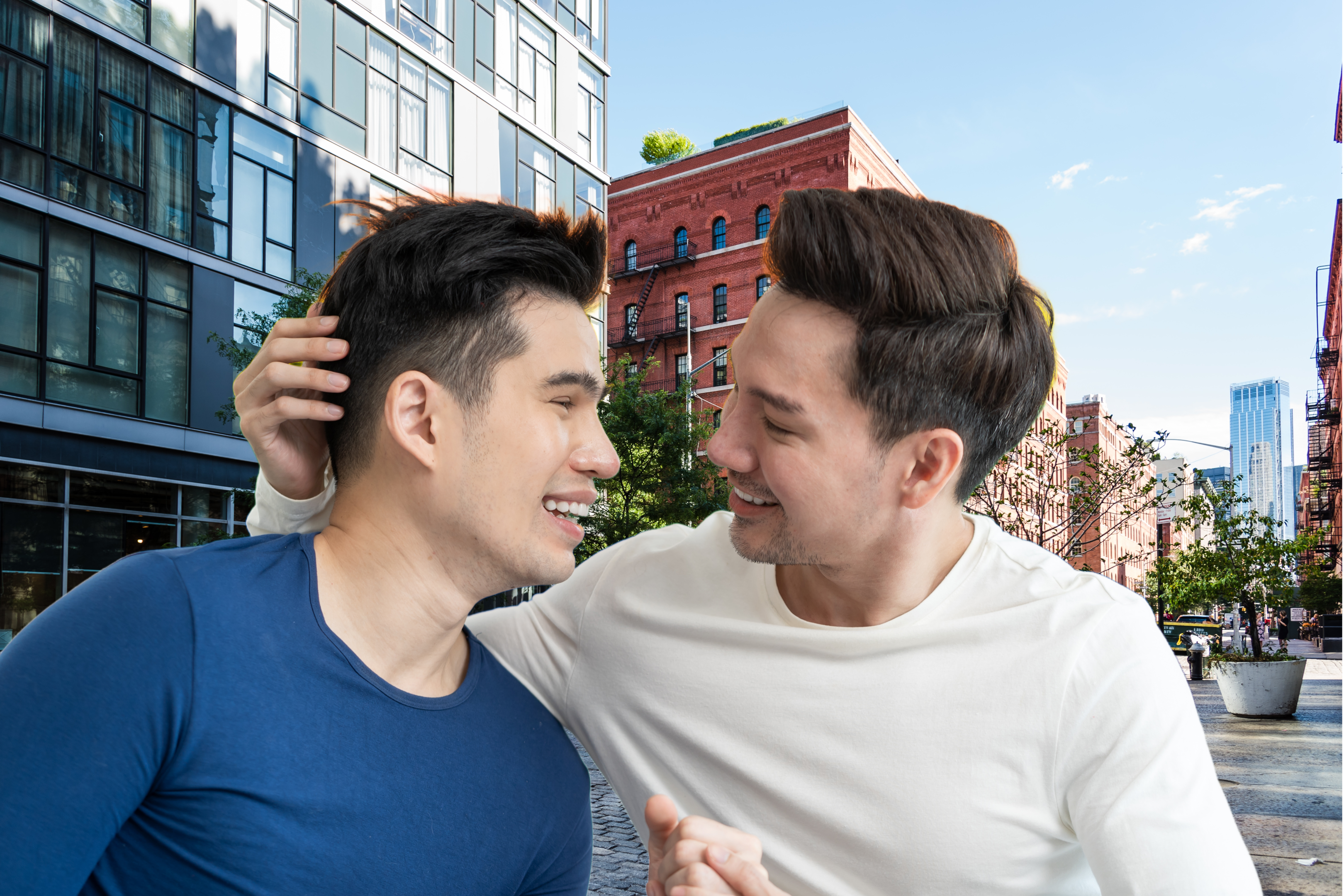 Image of an Asian gay couple in Manhattan after a satisfying couples session online at Gay Couples Therapy.